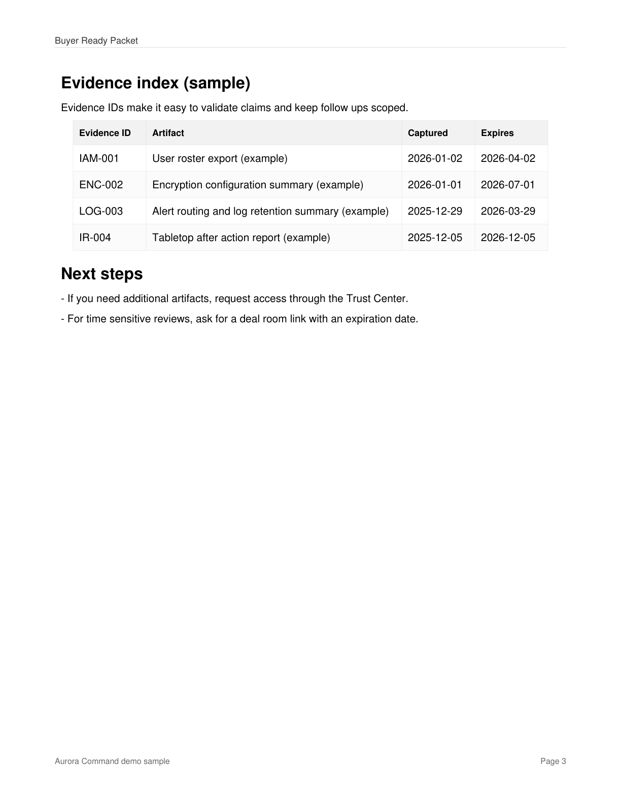 Sample reviewer output preview showing an evidence bundle page with timestamps and source details.