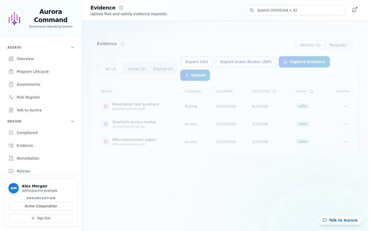 Aurora Command evidence library showing evidence items with source details and freshness.